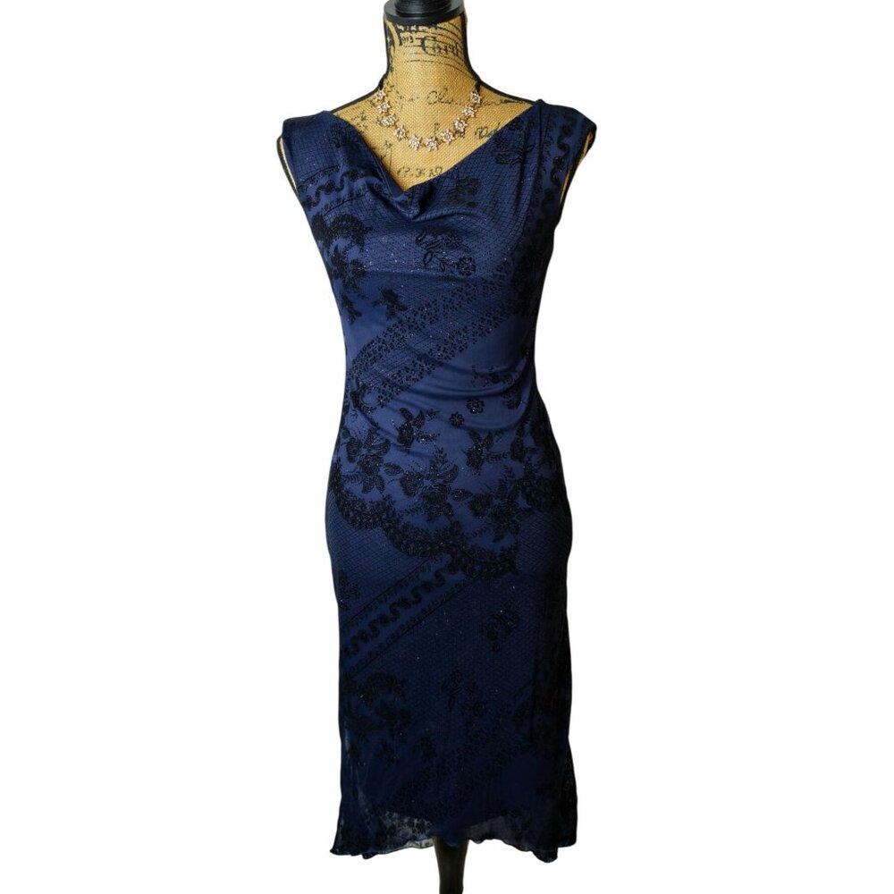 Vtg Y2k Evening Dress S Navy Blue Embellished Velvet Lace Cocktail Jonathan